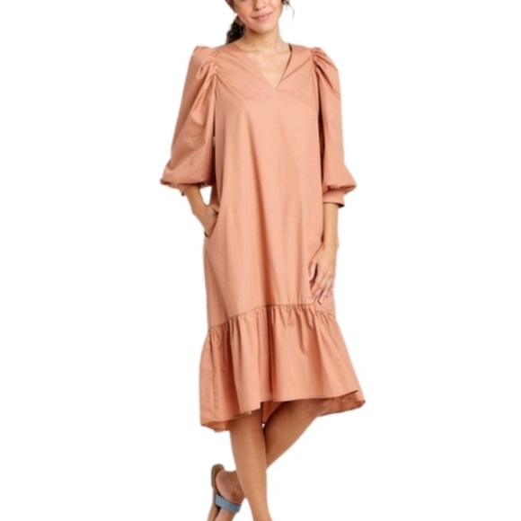 A New Day Long Puff Sleeve V-Neck Midi Dress Ruffle Hem Pockets - Picture 1 of 12